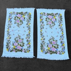 Vintage Set of 2 Soft White Pink Floral Bath Towels Fringe Matching 23"x41"